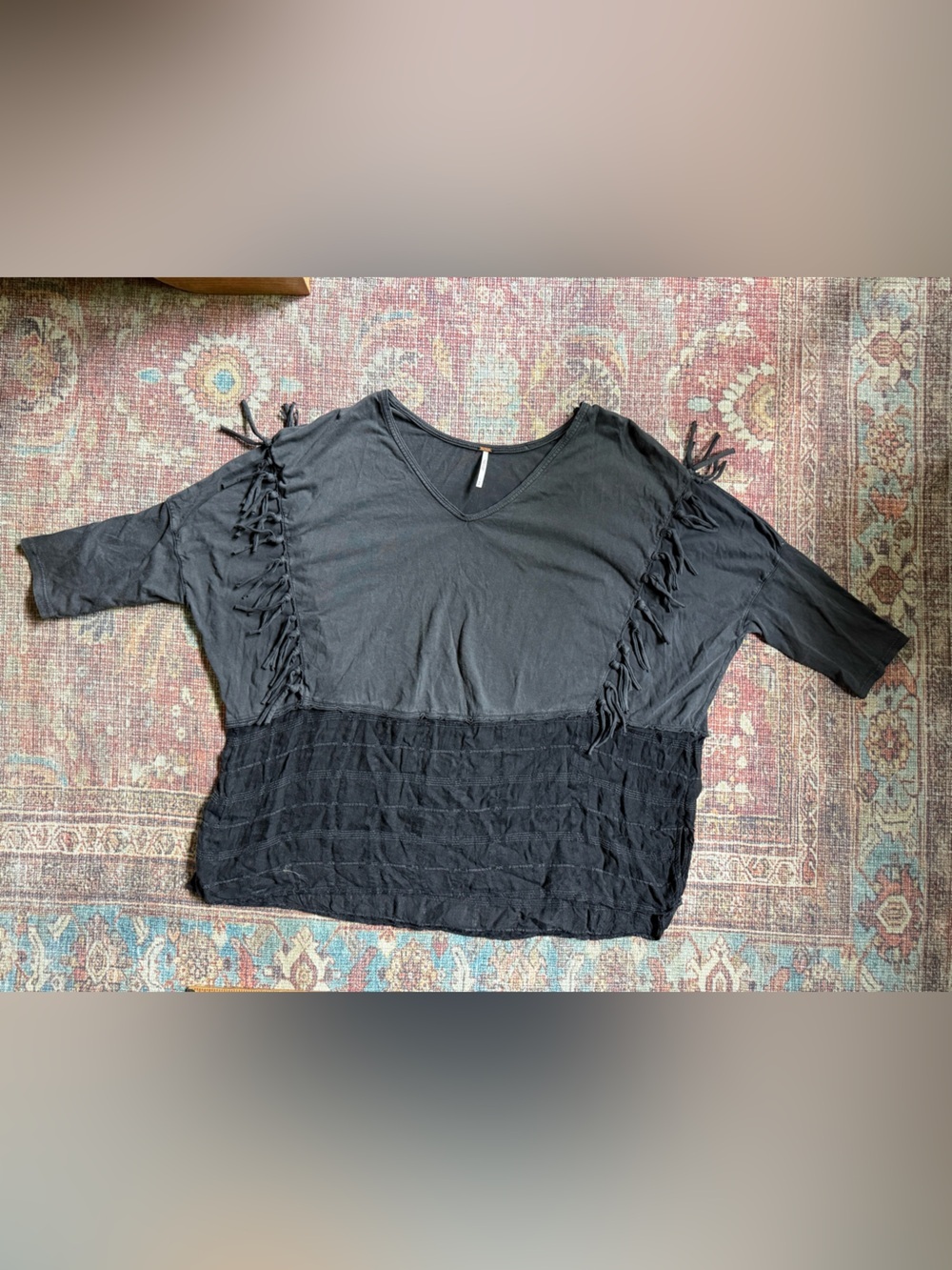 Free People Small Women's Boho Black V-Neck Fringe Detail Top